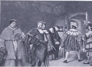 Avskedande av kardinal Wolsey av kung Henry VIII, från Cassells History of the British People publicerad av Waverley Book Company, ca 1950-talet av James Dromgole Linton