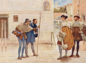 Shakespeares Köpmannen i Venedig: Bassanio, Lorenzo, Gamle Gobbo och Launcelot Gobbo (färglitografi) av James Dromgole Linton