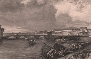 Vy över floden Arno i Pisa, Toscana, Italien, stålstick av Thomas Higham (1796-1844) efter teckning av James Duffield Harding (1798-1863) av James Duffield Harding
