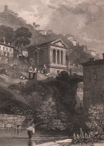 Vy över Clitumnus tempel längs floden Clitunno nära Campello sul Clitunno, Umbrien, Italien, stålstick av Jordan efter teckning av James Duffield Harding (1798-1863), cirka 10, 5x15 cm av James Duffield Harding