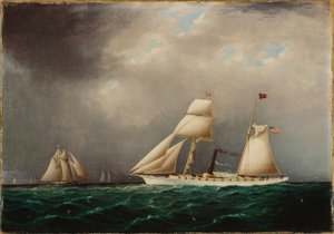 Amerikanska ångsegelbåten EMILY till sjöss med fyra skonare utanför fören av James E. Buttersworth