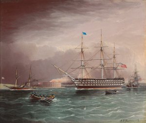 U.S.S. Pennsylvania under släp vid utbrottet av det amerikanska inbördeskriget med Fort Monroe i bakgrunden