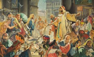Jesus avlägsnar penningutlånarna från templet (gouache på papper)