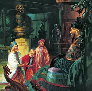 Marco Polo framför Kublai Khan, 1900-talet (litografi) av James Edwin McConnell