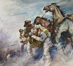 Män och hästar kämpar mot en storm (gouache på papper) av James Edwin McConnell