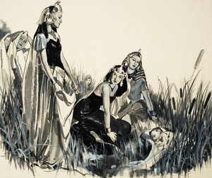 Moses hittas bland tjurruskorna (gouache på papper) av James Edwin McConnell