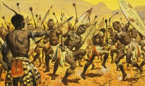 Zulukrigare tvingas av Shaka att dansa på taggig mark av James Edwin McConnell