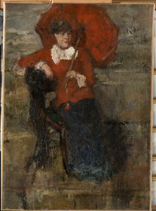 Dam med rött parasoll av James Ensor