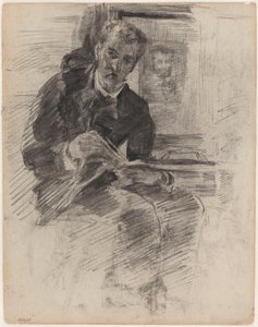 Läsande man (i själva verket: Willy Finch sittande vid ett bord, med palett och penslar i handen) av James Ensor