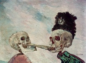 Skelett som slåss om en sill (olja på panel) av James Ensor