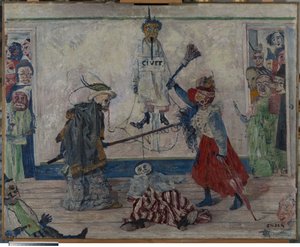 Skelett som slåss om kroppen av en hängd man av James Ensor