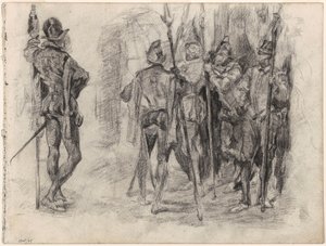 Skisser av figurer och fem spanska soldater med lansar av James Ensor