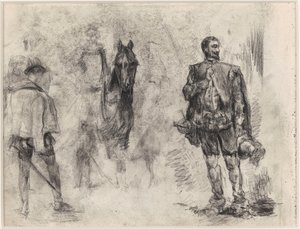 Spanjor sedd bakifrån, ryttare och spanjor med ett upplyft finger av James Ensor
