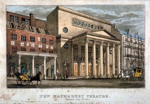 Utsikt över Haymarket Theatre, Westminster, London, 1821. av James Findlay