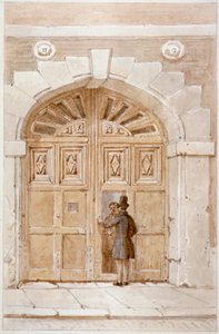 Utsikt över träportar daterade 1631, vid Lime Street nr 46, 1855