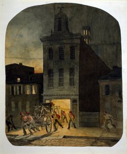 Philadelphias brandkår lämnar baracken för att åka till platsen för en brand. Akvarell av James Fuller Queen (1820-1866) 1857.