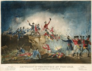 Avvisning av britterna i Fort Erie, den 15 augusti 1814, klockan 02:00, pub. 1841, (handfärgad gravyr)