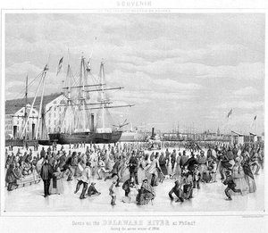 Scen på Delawarefloden i Philadelphia under den stränga vintern 1856, ca 1860 (litho) (s/v foto)