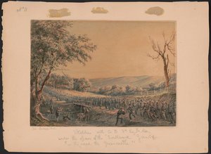 Skisser med Co. B, 8:e reg. Pa. Ma. under officerarna från den gamla Southwark Gaurd [sic] på vägen till Greencastle / Jas. Queen del. Abstrakt/medium