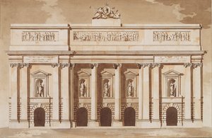 Höjd för West Front of Parliament House, Dublin, c.1787 (penna och pensel med brunt bläck och wc på lagt papper) av James Gandon