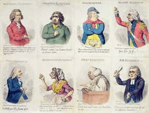 8 vinjetter som visar vältalighet, publicerade av Hannah Humphrey 1795 (handfärgad etsning)