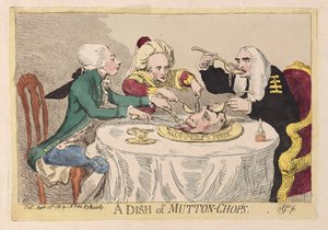 En maträtt med fårkotletter, pub. 1788 (handfärgad gravyr)