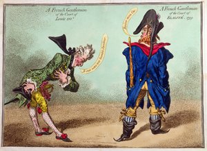 En fransk herre vid Ludvig XVI:s hov och en fransk herre vid hovet i Egalite, publicerad 1799 (handfärgad etsning)
