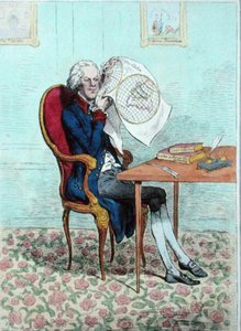 A Keen-Sighted Politician finding out the British Conquests, utgiven av Hannah Humphrey 1795 (handkolorerad etsning) av James Gillray