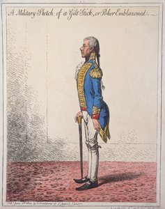 A Military Sketch of a Gilt Stick, or a Poker Emblazoned, publicerad av Hannah Humphrey 1800 (handfärgad etsning)