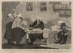 En ädel herre som närmar sig fred för upptagen för att ta hand om utgifterna för en miljon av de offentliga pengarna [verso] av James Gillray