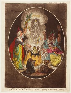 A Phantasmagoria - Scen - Att trolla fram ett beväpnat skelett av James Gillray