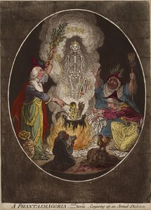 En Phantasmagoria; - Scen - Trolla fram ett beväpnat skelett., 5 januari 1803 (handfärgad etsning och akvatint på vävt papper) av James Gillray