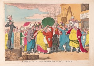 En försäljning av engelska skönheter i Ostindien, pub. 1786 (handfärgad gravyr)
