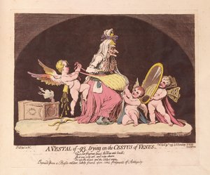 En Vestal av -93, provar på Cestus of Venus, pub. 1793 (handfärgad gravyr) av James Gillray