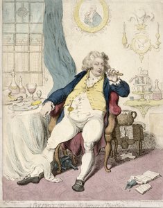 A Voluptuary under the Horrors of Digestion, publicerad av Hannah Humphrey 1792 (handfärgad etsning)