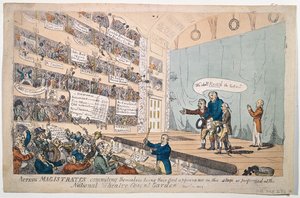 Tillförordnade magistrater förpliktar sig, eftersom de var deras första framträdande som framfördes på National Theatre Covent Garden, publicerad 1809 (handfärgad etsning)