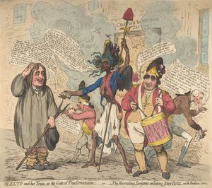 Alecto and Her Train, at the Gate of Pandaemonium:-eller-The Recruiting Sarjeant Enli..., 4 juli 1791. av James Gillray