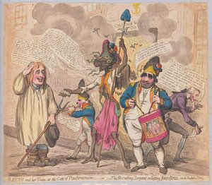 Alecto and her Train at the Gate of Pandaemonium eller The Recruiting Sarjeant som värvar John Bull till Revolution Service, pub. (handfärgad gravyr)