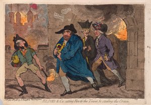 Blood & Co. sätter eld på tornet och stjäl kronan, pub. 1788 (handfärgad gravyr)
