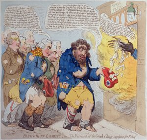 Blue und Buff Charity, eller The Patriarch of the Greek Clergy ansöker om hjälp, publicerad av Hannah Humphrey 1793 (handfärgad etsning)