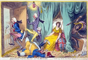 Britannia mellan döden och läkarna, pub. Hannah Humphrey, 20 maj 1804 (handfärgad gravyr)