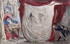 Tecknad film om Napoleon, Paul Barras, Josephine och Mademoiselle de Fontenay, kallad ausii Teresa (Theresa eller Terezia) Cabarrus, kallad Madame Tallien (Talien) eller dessa damer dansar nakna för Barras, under Napoleons smygande öga [Josephine var, kl.