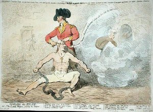 Cooling the Brain, eller The Little Mayor Shaving the Shaver, publicerad av J. Aitken 1789 (handfärgad etsning) av James Gillray