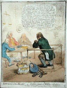 Effusions of the Heart, or Lying Jack the Blacksmith at Confession, publicerad av Hannah Humphrey 1795 för Philanthropic Society (handfärgad etsning) av James Gillray