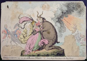 Förtrollningar som nyligen setts på berget Wales, eller Shon-ap-Morgans försoning med Fairy Princess, publicerad av Hannah Humphrey 1796 (handfärgad etsning)