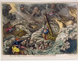 End of the Irish Invasion, eller The Destruction of the French Armada, publicerad av Hannah Humphrey 1797 (handfärgad etsning och aquatint)
