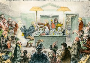 Engelsk satir på vetenskap: nya upptäckter i pneumatiska material. Satirisk teckning på entusiasmen för vetenskapliga konferenser på 1800-talet. Gravyr av James Gillray (1757-1815) av James Gillray