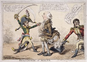 Evakuering av Malta, publicerad av Hannah Humphrey 1803 (handfärgad etsning)