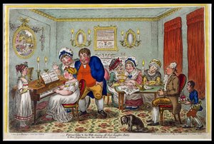 Bonden Giles och hans fru visar upp sin dotter Betty för sina grannar när hon kommer tillbaka från skolan, publicerad av Hannah Humphrey 1809 (handfärgad etsning)