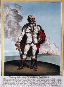 Fältmarskalk greve Suwarrow-Rominiskoy (1729-1800) publicerad av Hannah Humphrey 1799 (handfärgad etsning) av James Gillray